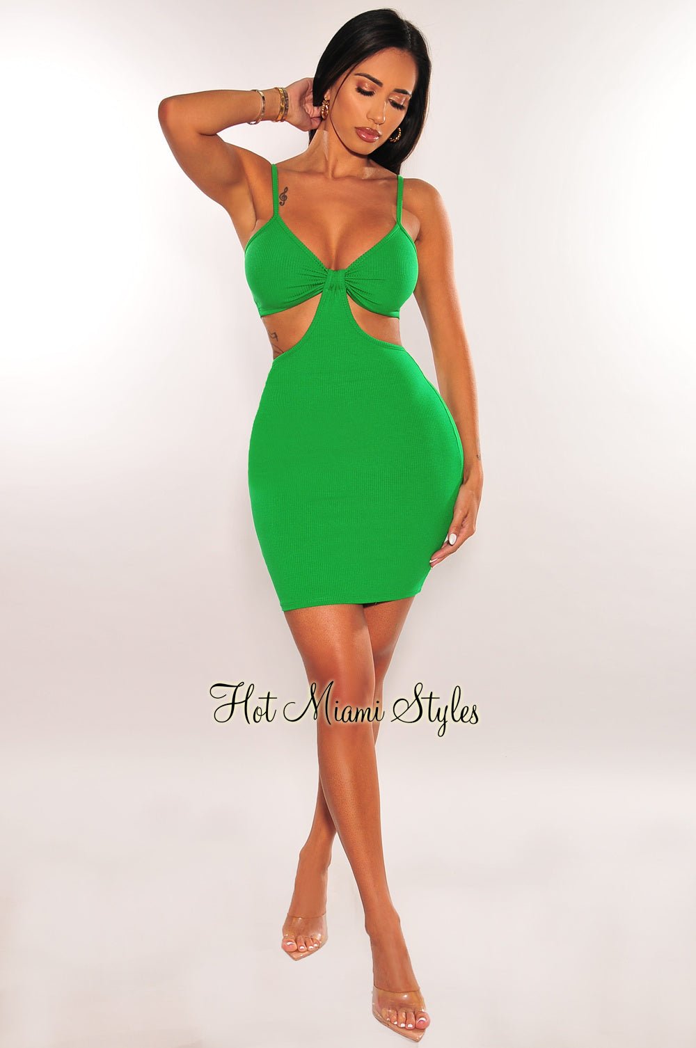 Kelly Green Ribbed Spaghetti Straps Knotted Cut Out Mini Dress