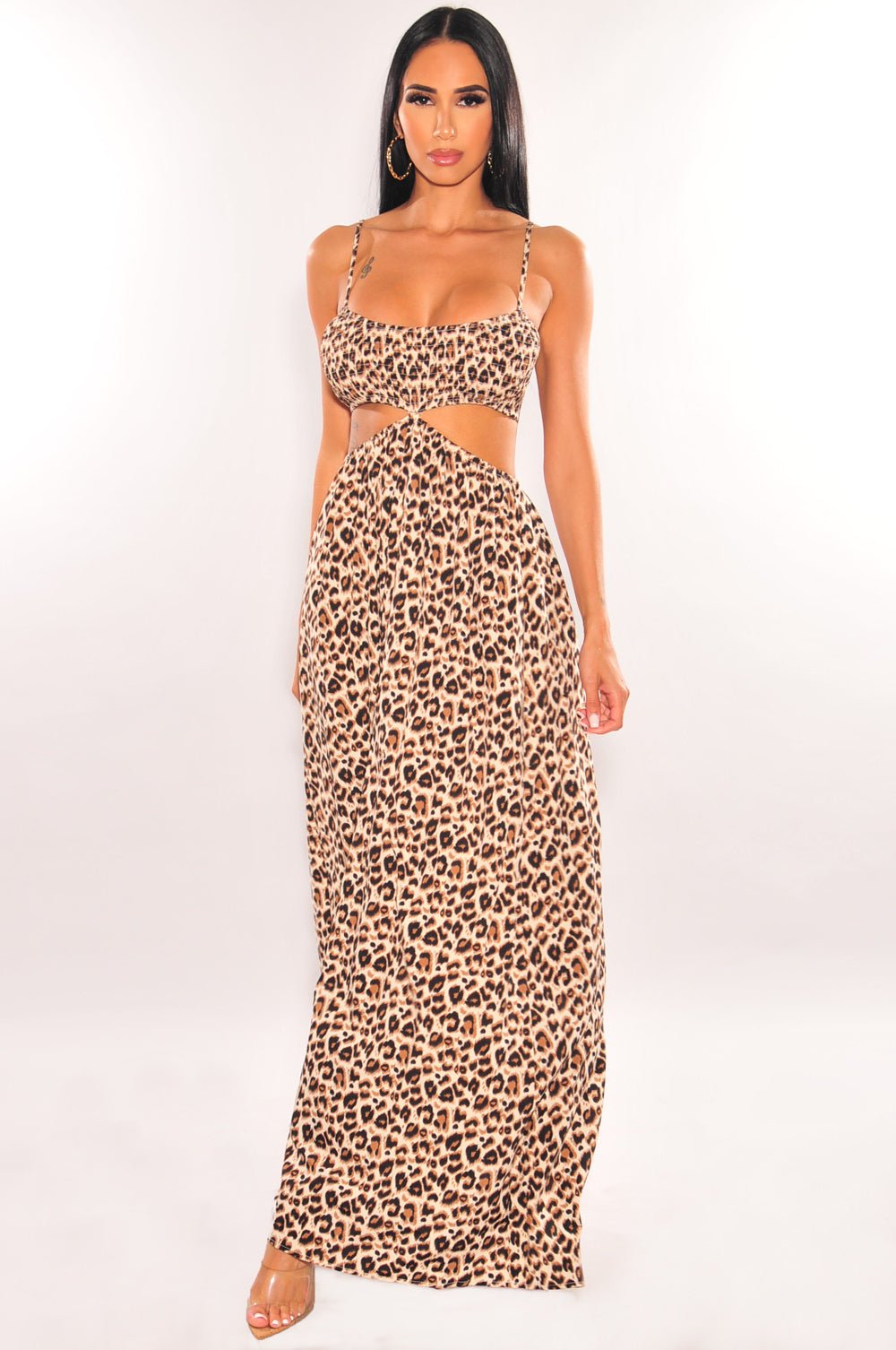 Leopard Print Spaghetti Straps Smocked Cut Out Maxi Dress