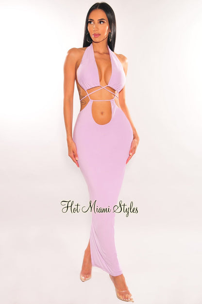 Lilac Halter Drawstring Keyhole Cut Out Dress