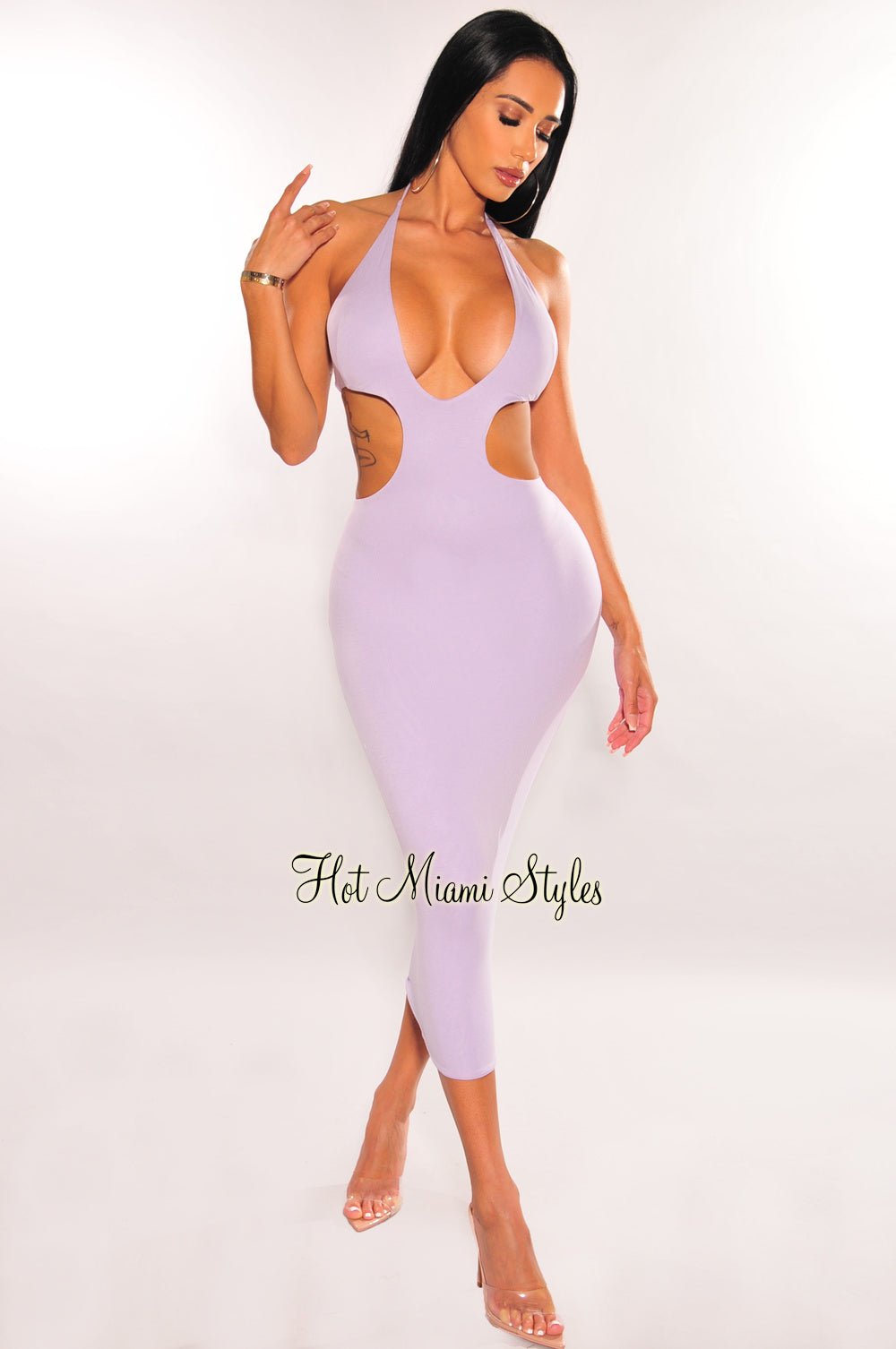 Lilac Halter V Neck Cut Out Open Back Midi Dress