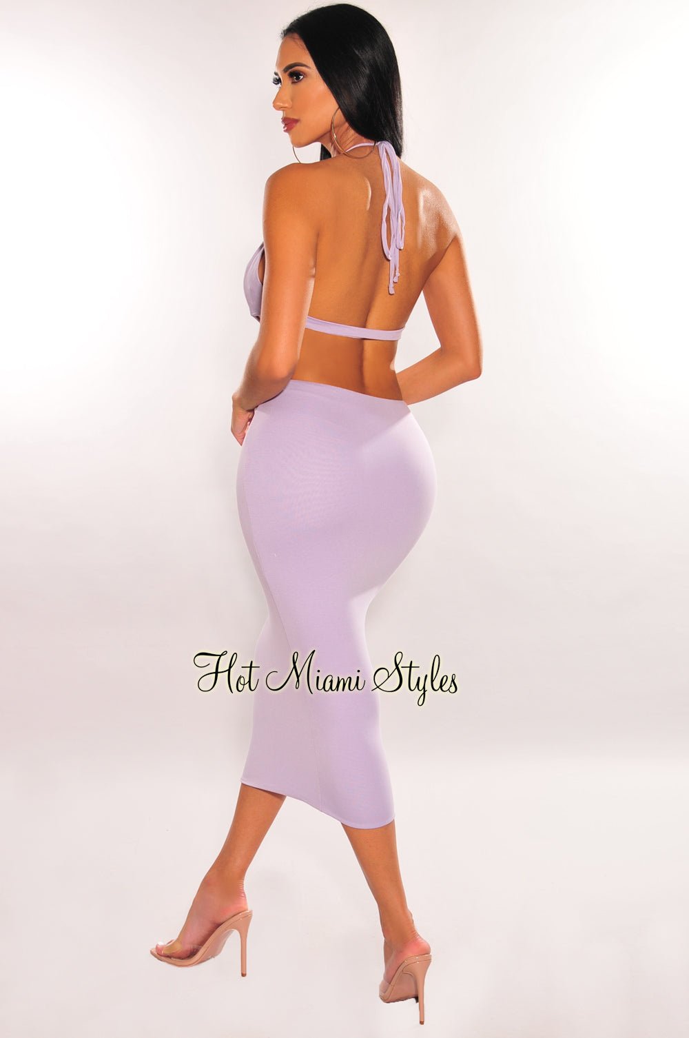 Lilac Halter V Neck Cut Out Open Back Midi Dress