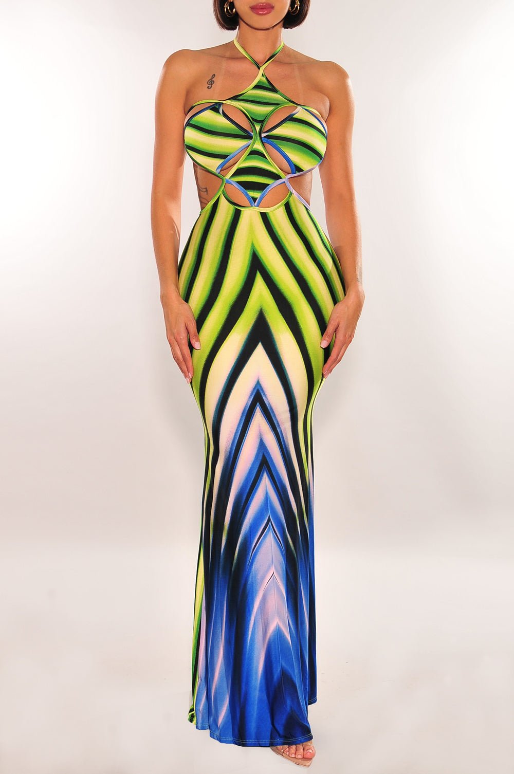 Lime Green Blue Print Halter Cut Out Tie Up Back Maxi Dress