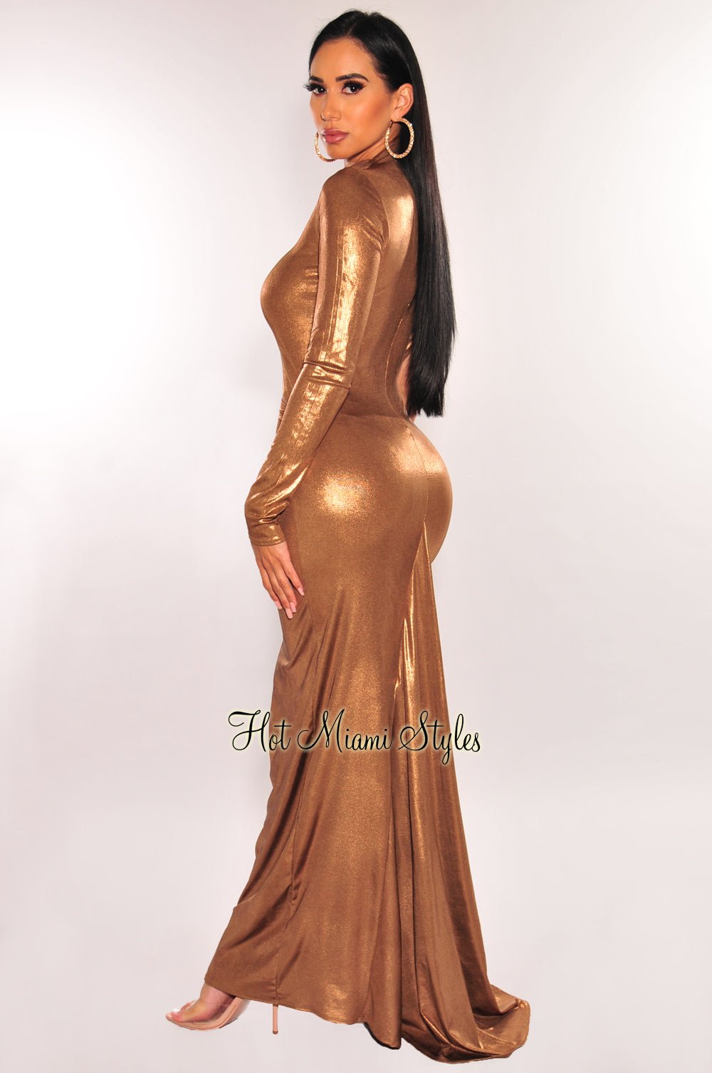 Metallic Bronze Latex Mock Neck One Sleeve Cut Out Train Gown