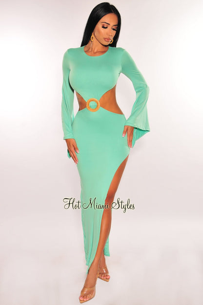 Mint Bell Long Sleeves Cut Out Ring Slit Maxi Dress