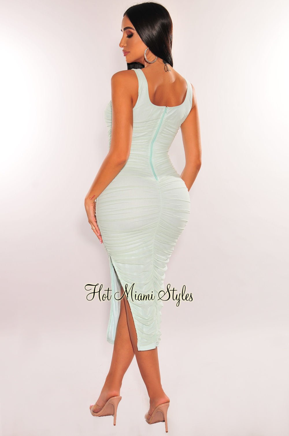 Mint Mesh Square Neck Sleeveless Ruched Slit Dress