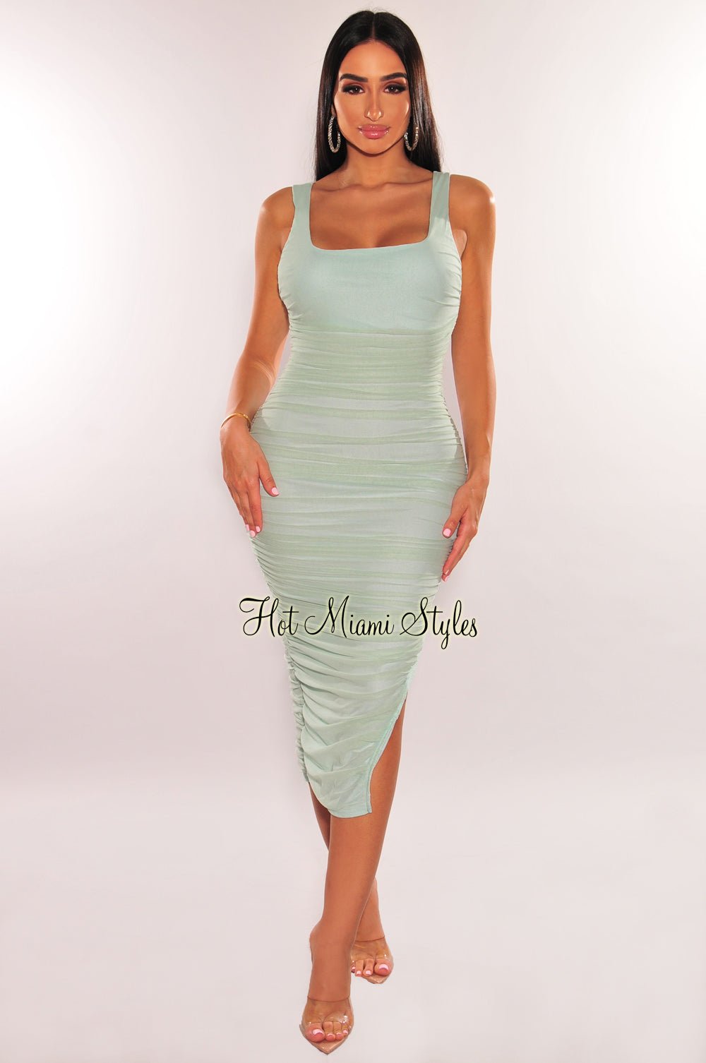 Mint Mesh Square Neck Sleeveless Ruched Slit Dress