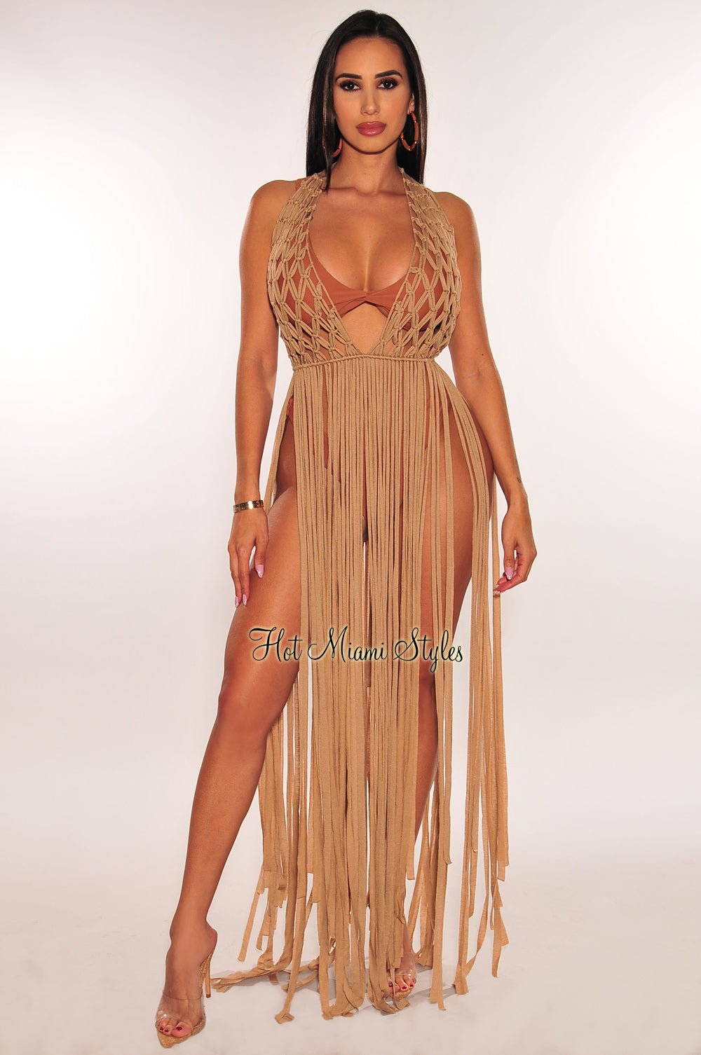 Mocha Crochet Halter Fringe Cover Up Dress