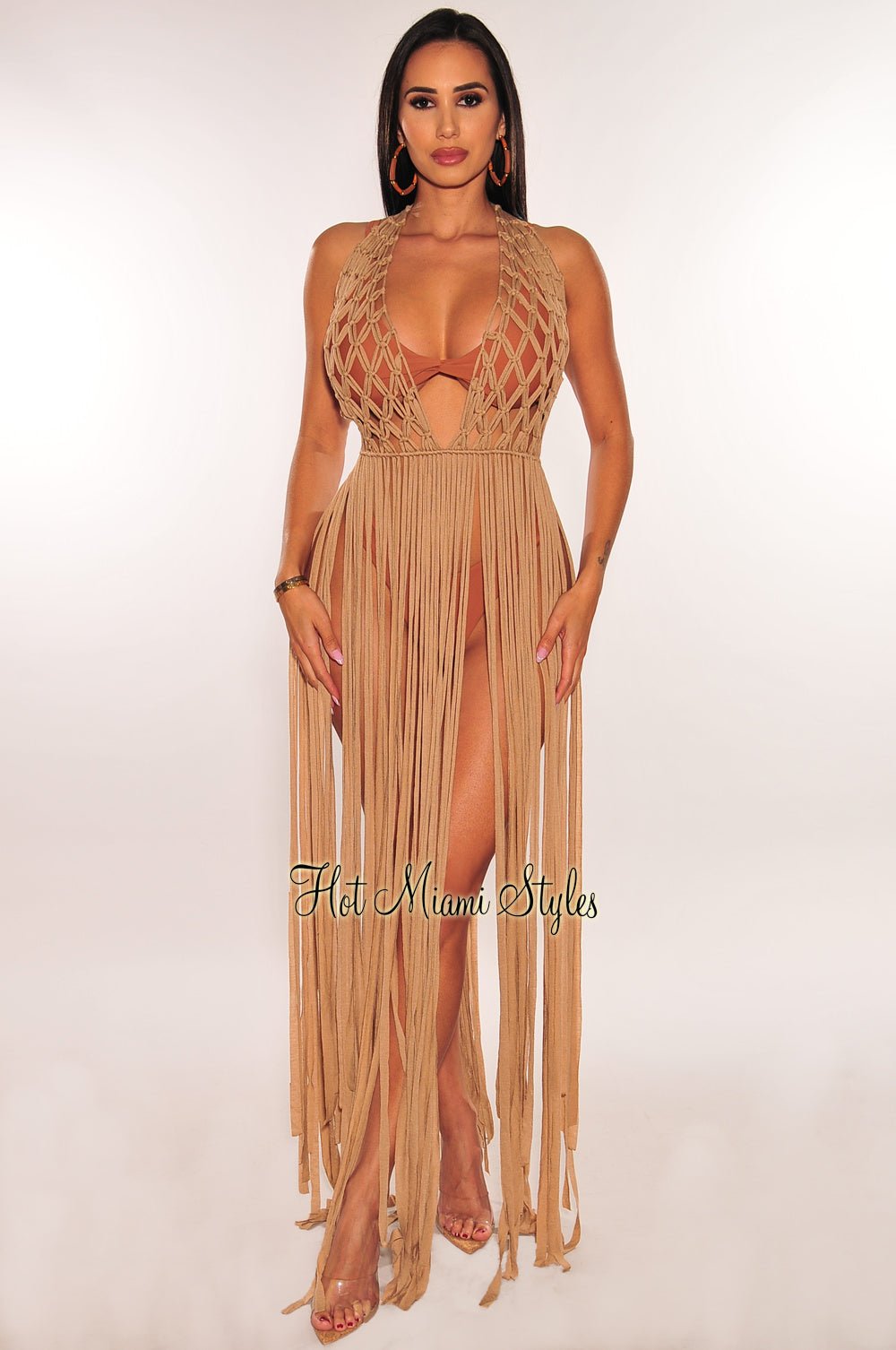 Mocha Crochet Halter Fringe Cover Up Dress