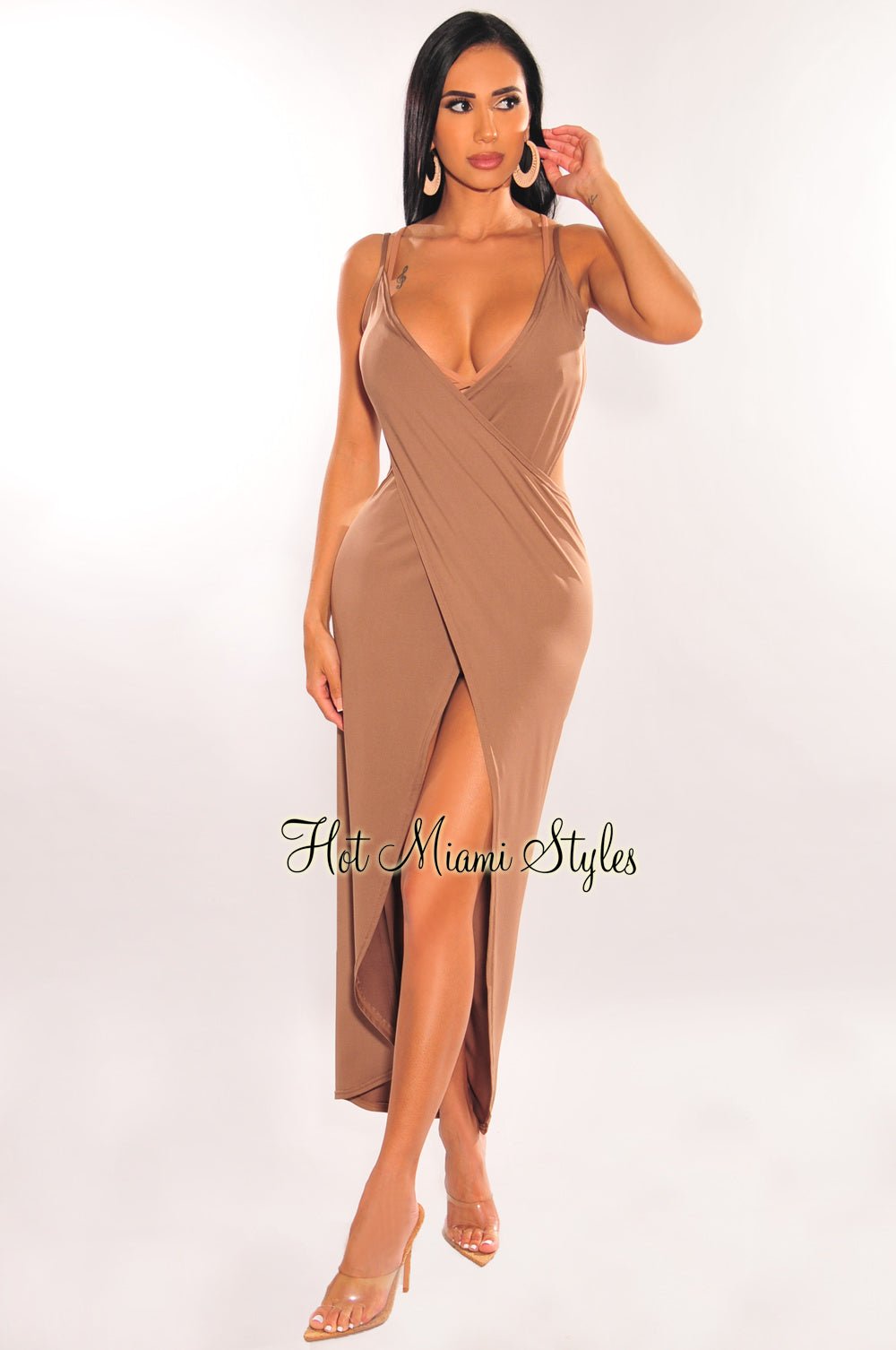 Mocha Overlay Wrap Around Open Back Cover Up Dress