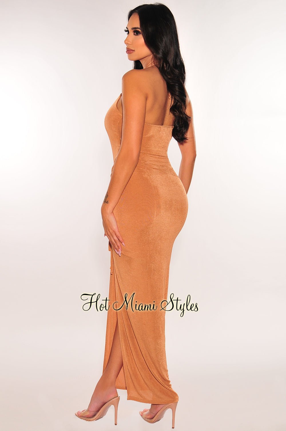 Mocha Ribbed Shimmery Halter Drawstring Slit Maxi Dress