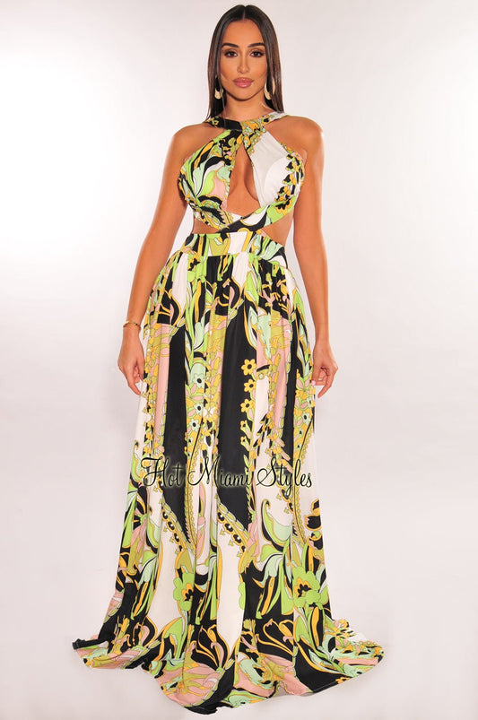 Multi Color Print Halter Padded Cut Out Open Back Maxi Dress