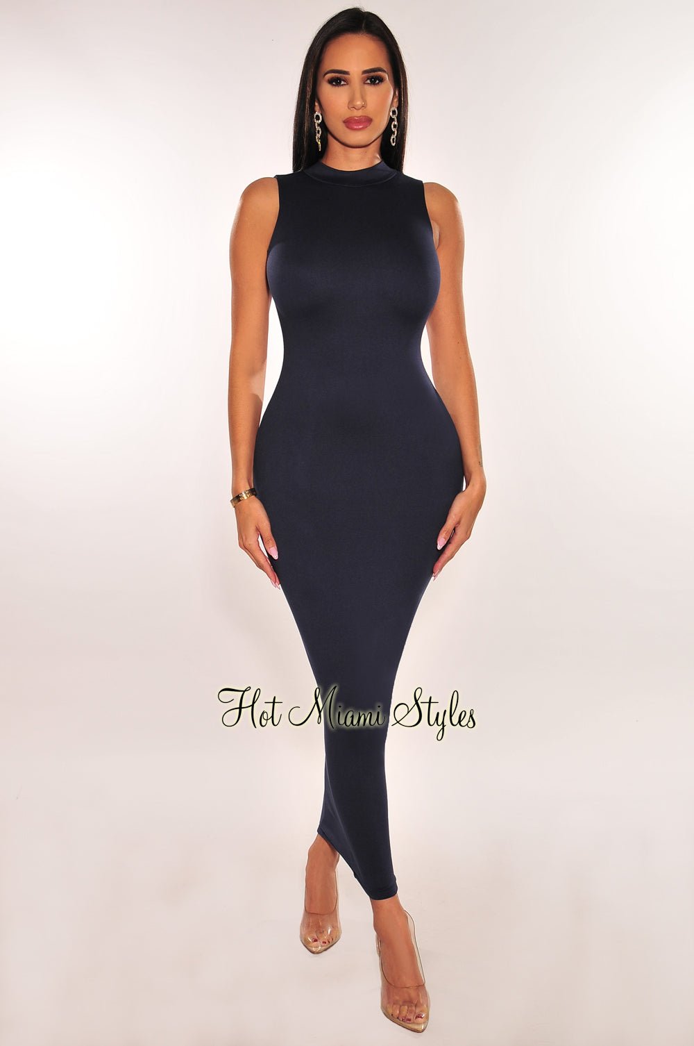 Navy Mock Neck Sleeveless Open Back Scrunch Butt Dress