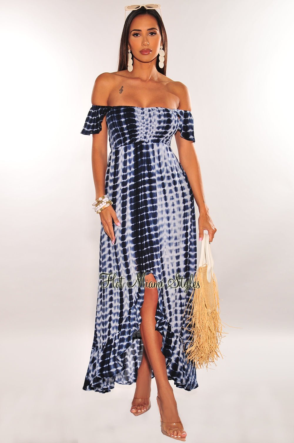 Navy Tie Dye Off Shoulder Smocked Ruffle Maxi Dress