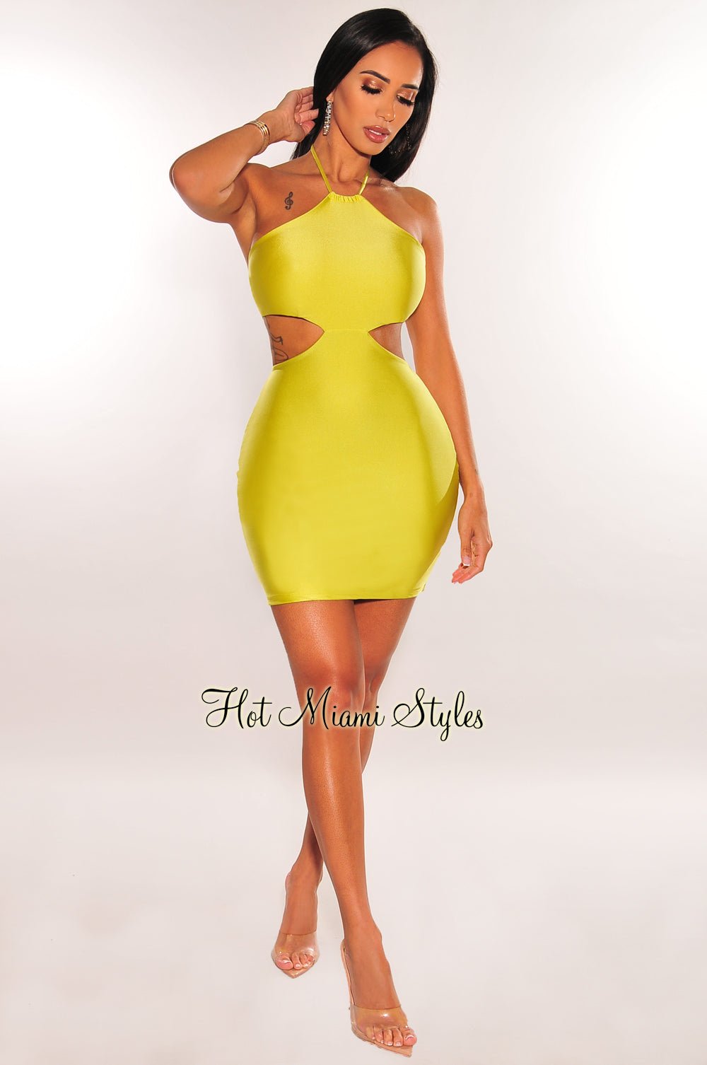 Neon Lime Halter Cut Out Mini Dress