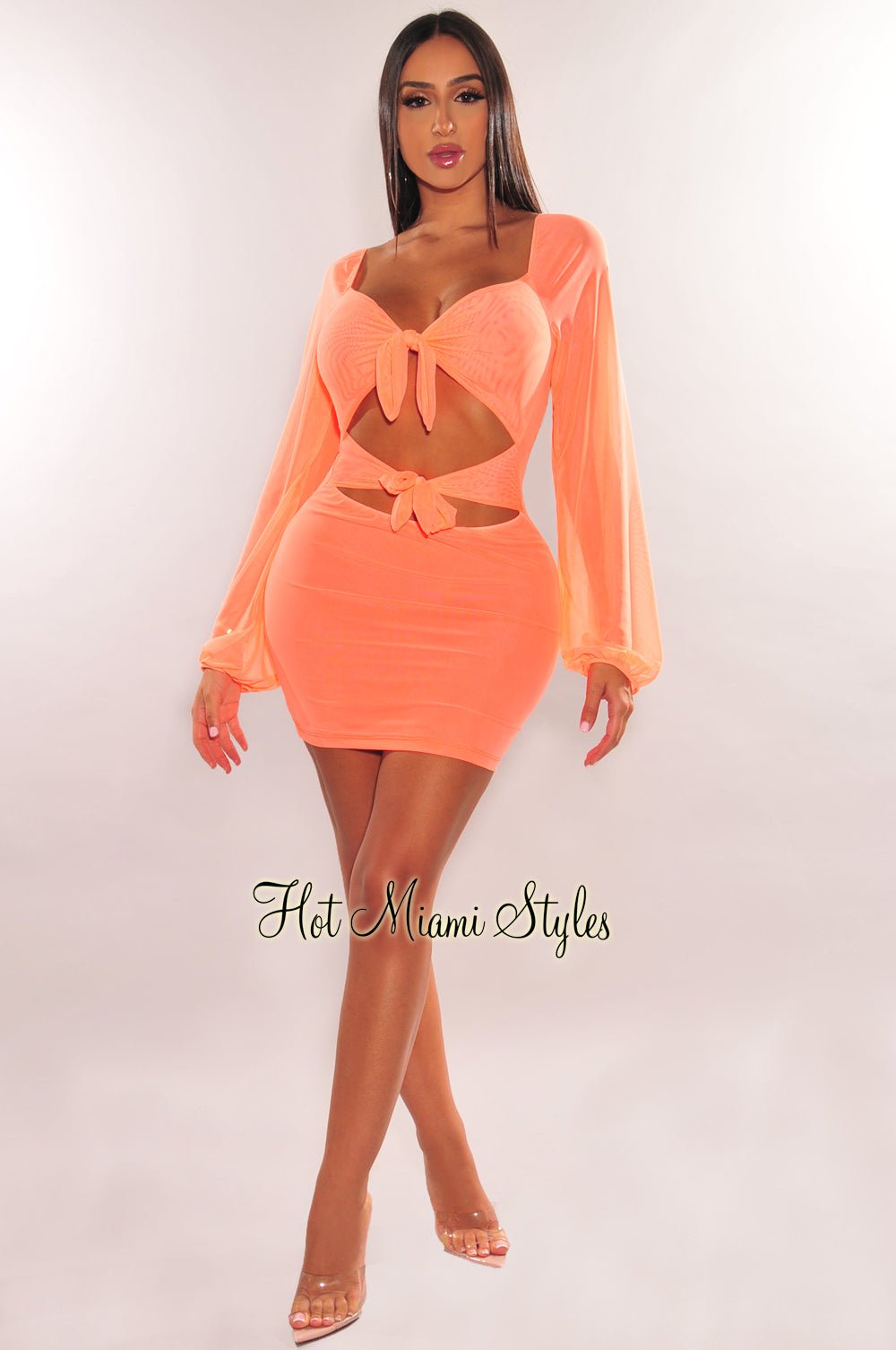 Neon Orange Mesh Tie Up Cut Out Long Sleeve Dress