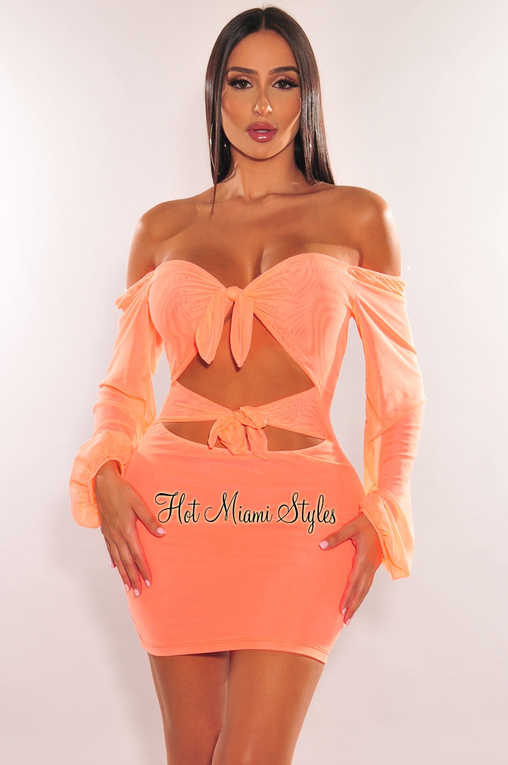 Neon Orange Mesh Tie Up Cut Out Long Sleeve Dress