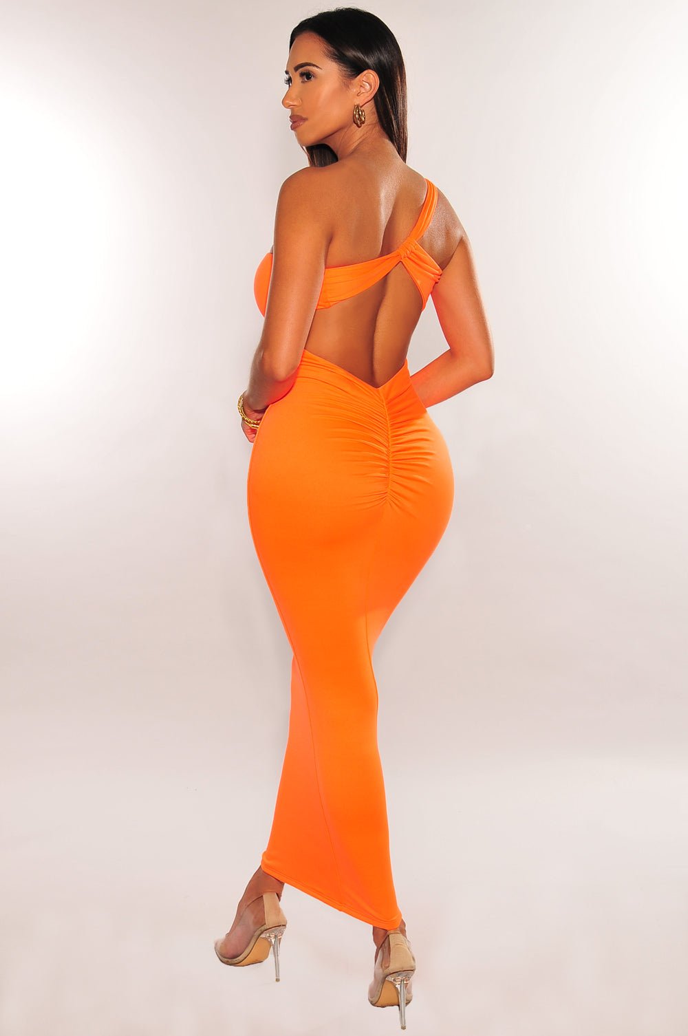 Neon Orange One Sleeve Cut Out Scrunch Butt Dress