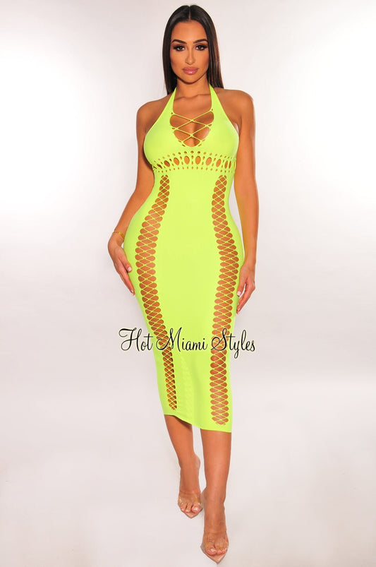 Neon Yellow Halter V Neck Seamless Cut Out Lace Up Dress