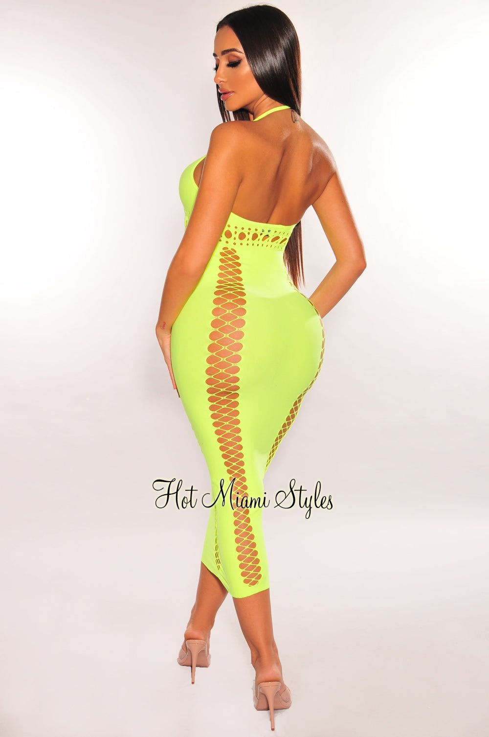 Neon Yellow Halter V Neck Seamless Cut Out Lace Up Dress