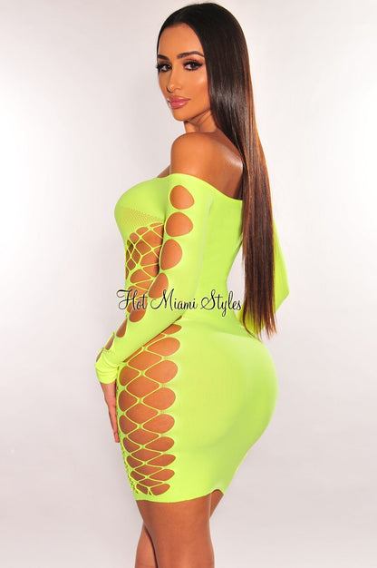 Neon Yellow Rhinestone Off Shoulder Cut Out Seamless Dress