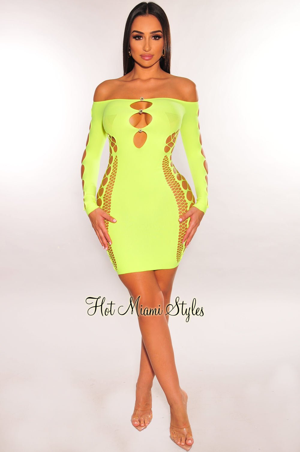 Neon Yellow Rhinestone Off Shoulder Cut Out Seamless Dress