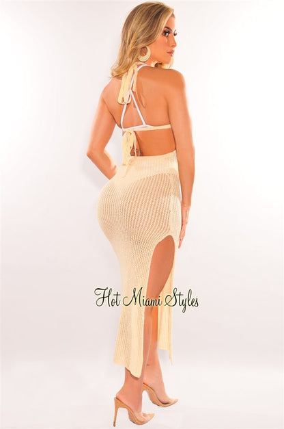 Nude Crochet Halter Tie Up Back Slit Cover Up Dress