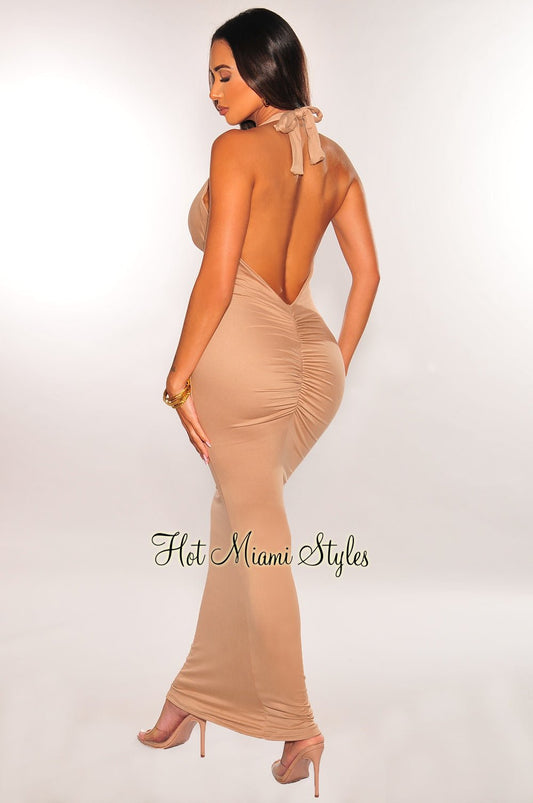 Nude Halter V Neck Scrunch Butt Dress