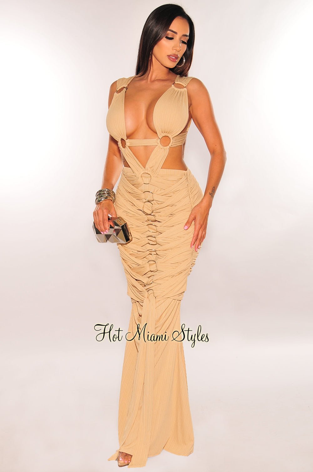 Nude Ribbed Cut Out O-Ring Pleated Gown