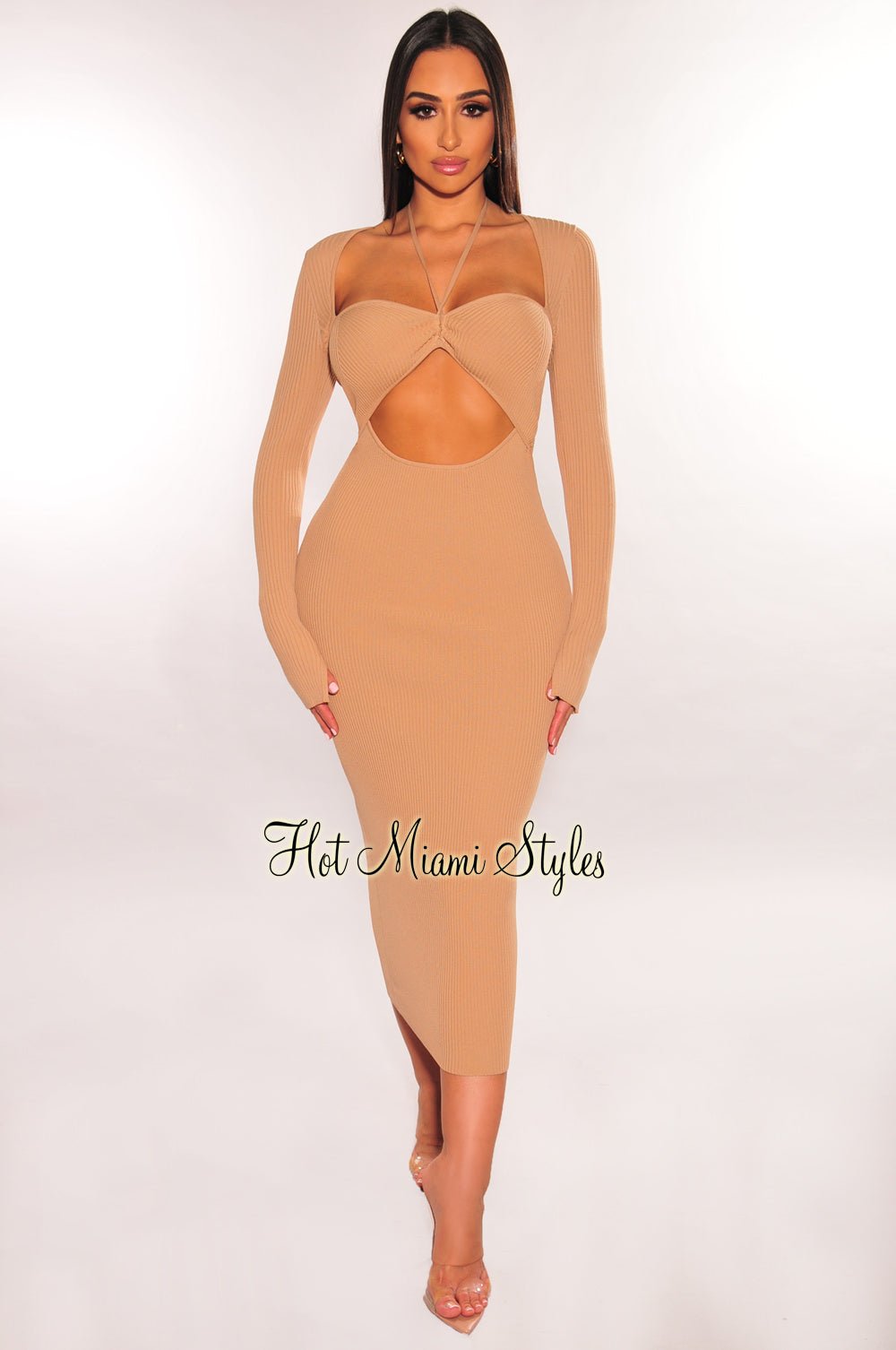 Nude Ribbed Long Sleeve Cut Out Dress