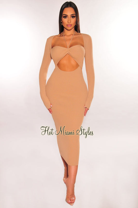 Nude Ribbed Long Sleeve Cut Out Dress