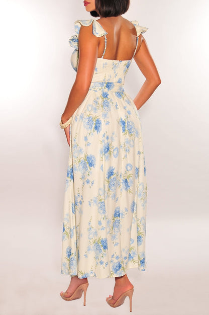 Off White Baby Blue Floral Padded Underwire Belted Ruffle Slit Dress