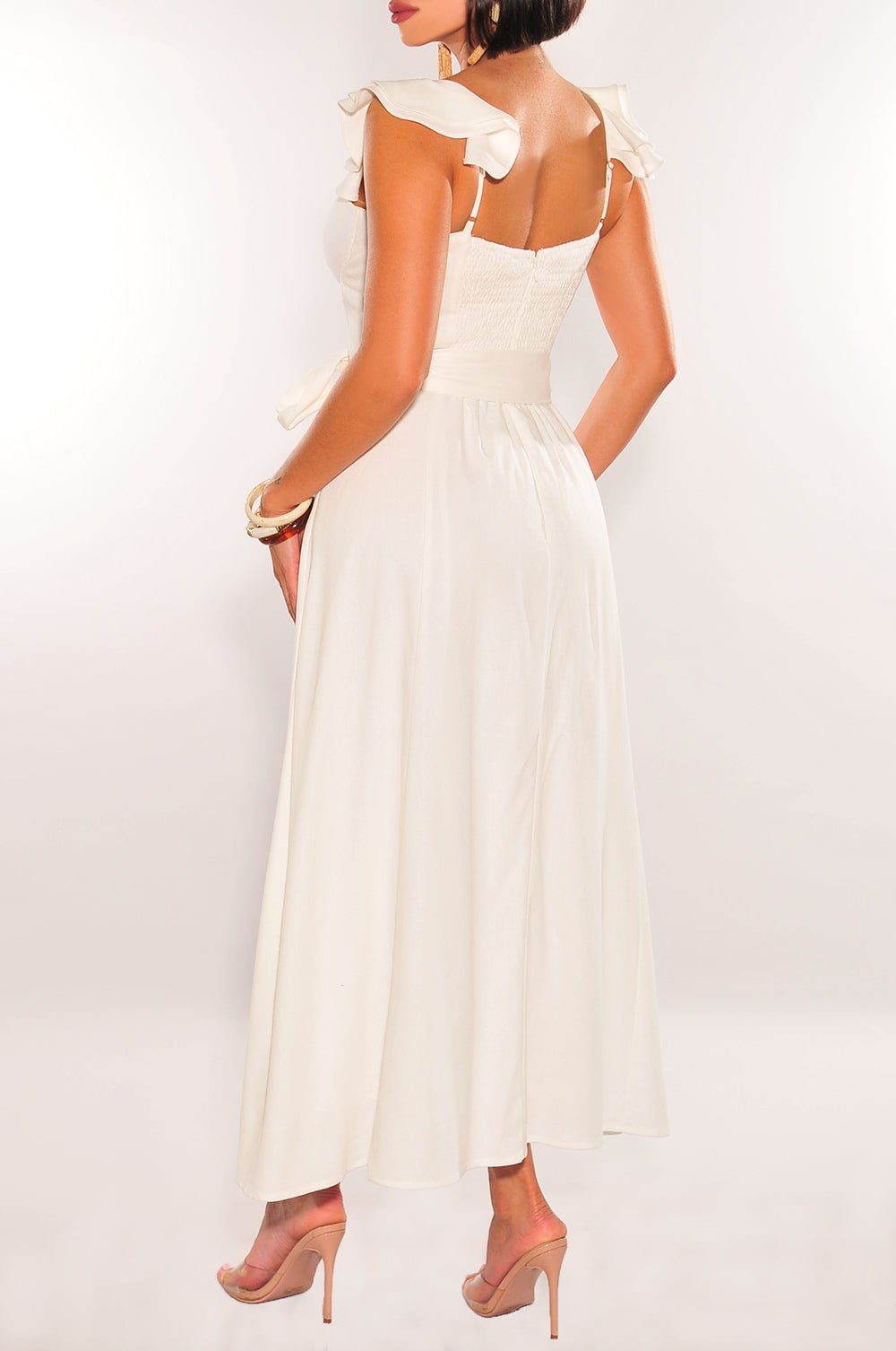 Off White Padded Underwire Belted Ruffle Slit Dress