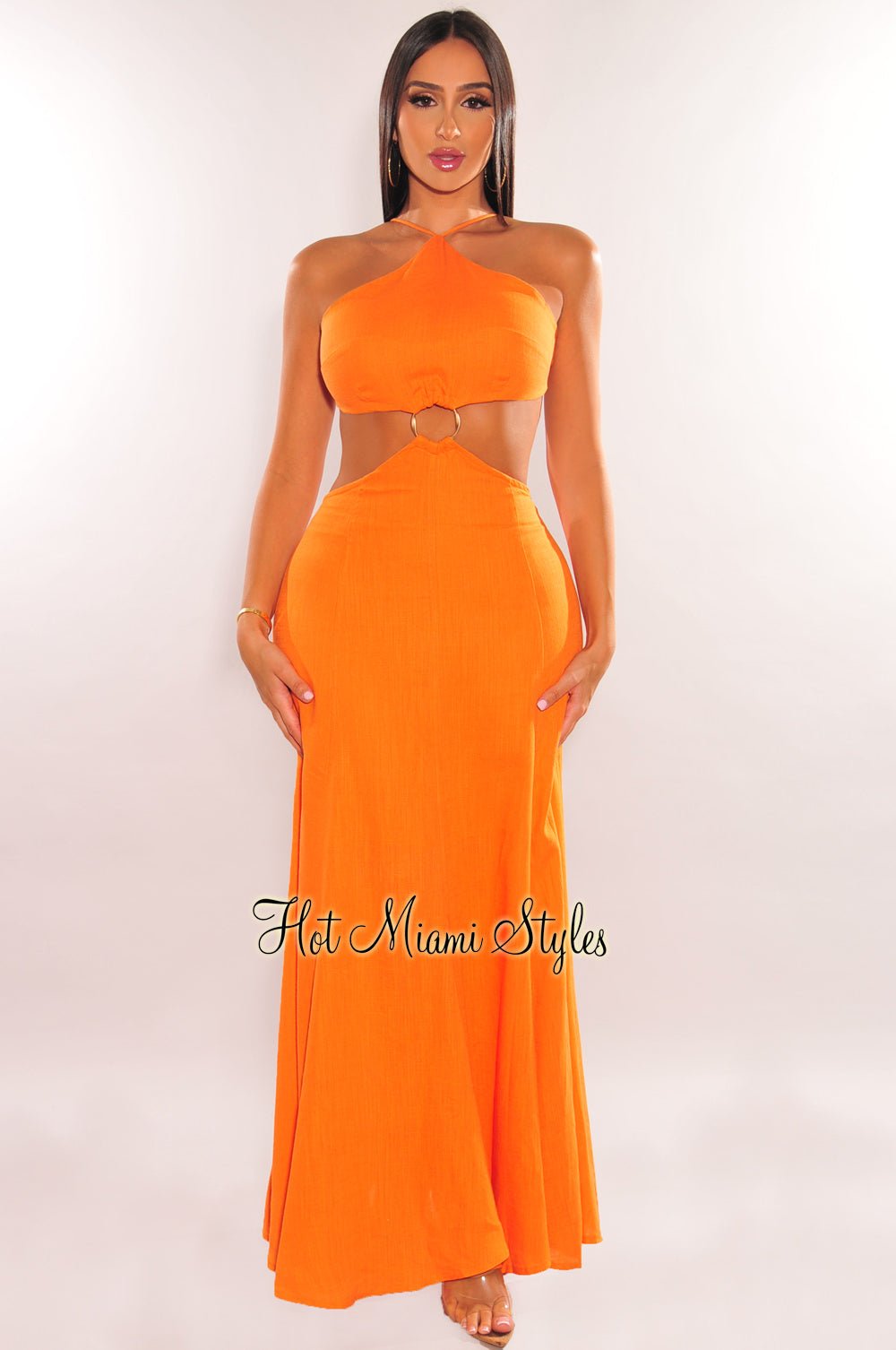 Orange Linen Halter O-Ring Cut Out Maxi Dress