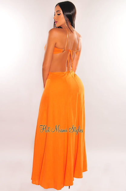 Orange Linen Halter O-Ring Cut Out Maxi Dress