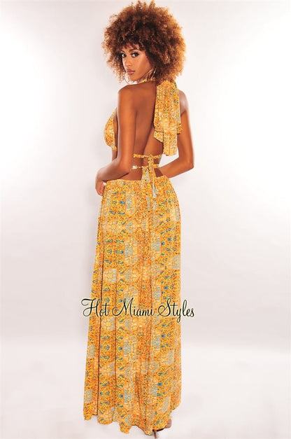 Orange Print O-Ring Cut Out Gold Belted Double Slit Maxi Dress