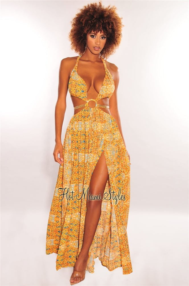 Orange Print O-Ring Cut Out Gold Belted Double Slit Maxi Dress