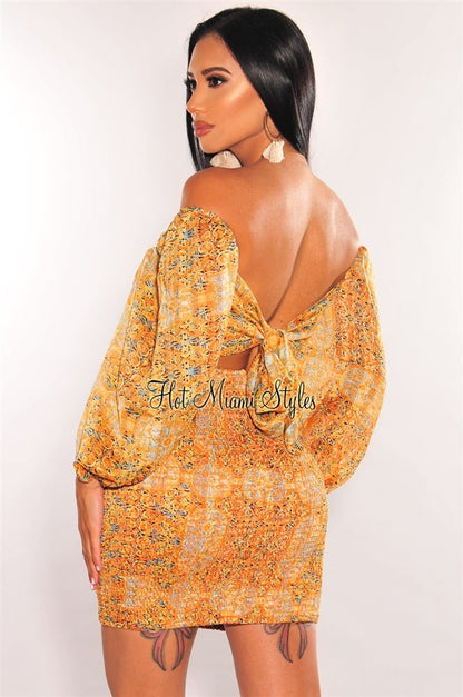 Orange Print Off Shoulder Long Sleeve Smocked Dress