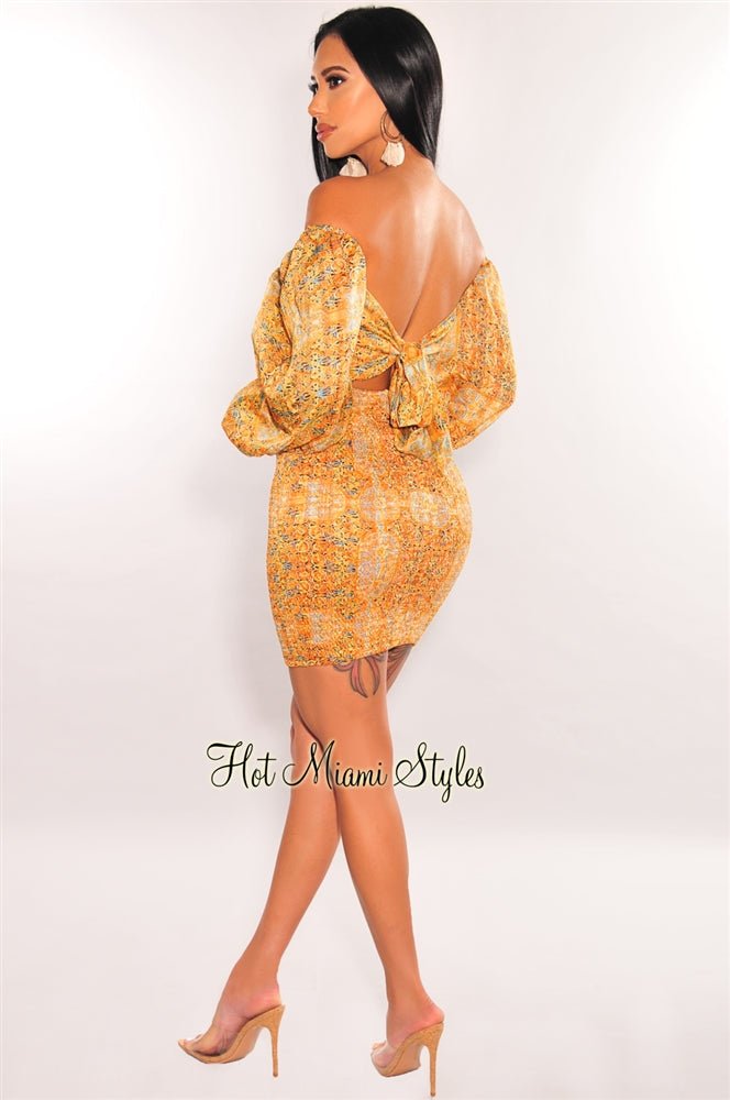 Orange Print Off Shoulder Long Sleeve Smocked Dress