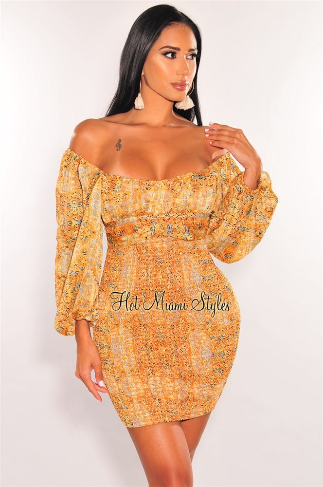 Orange Print Off Shoulder Long Sleeve Smocked Dress