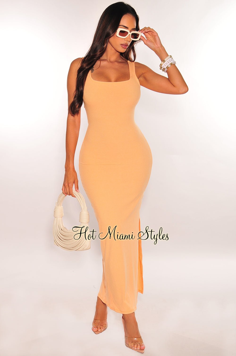 Peach Ribbed Cut Out Knotted Back Maxi Dress