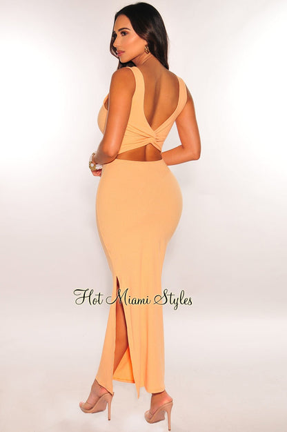 Peach Ribbed Cut Out Knotted Back Maxi Dress