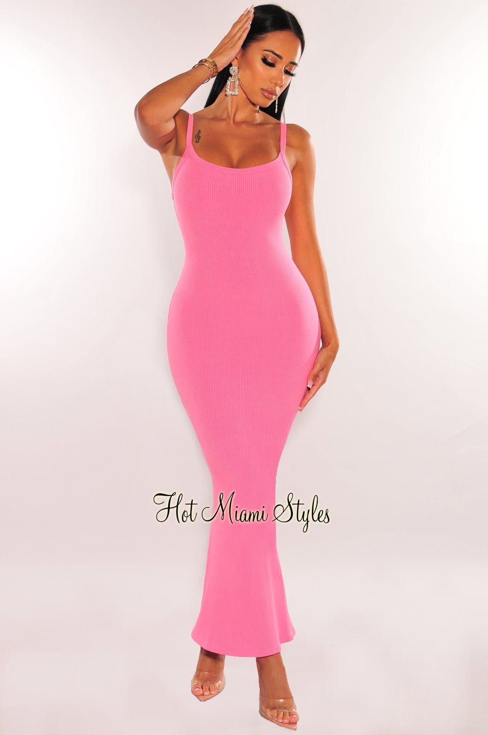 Pink Ribbed Spaghetti Straps Flare Mermaid Maxi Dress