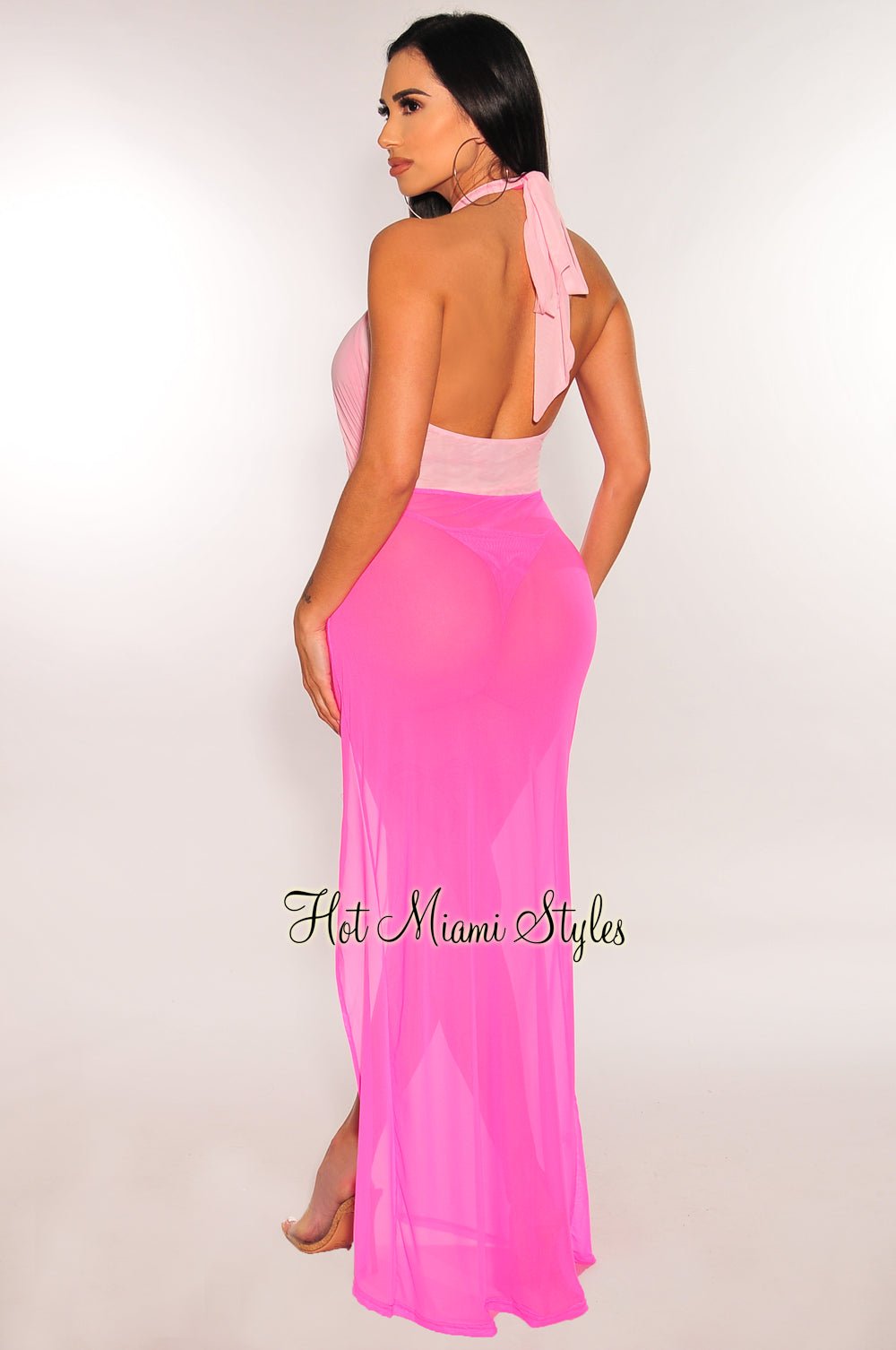 Pink Two Toned Criss Cross Halter O-Ring Mesh Slit Dress