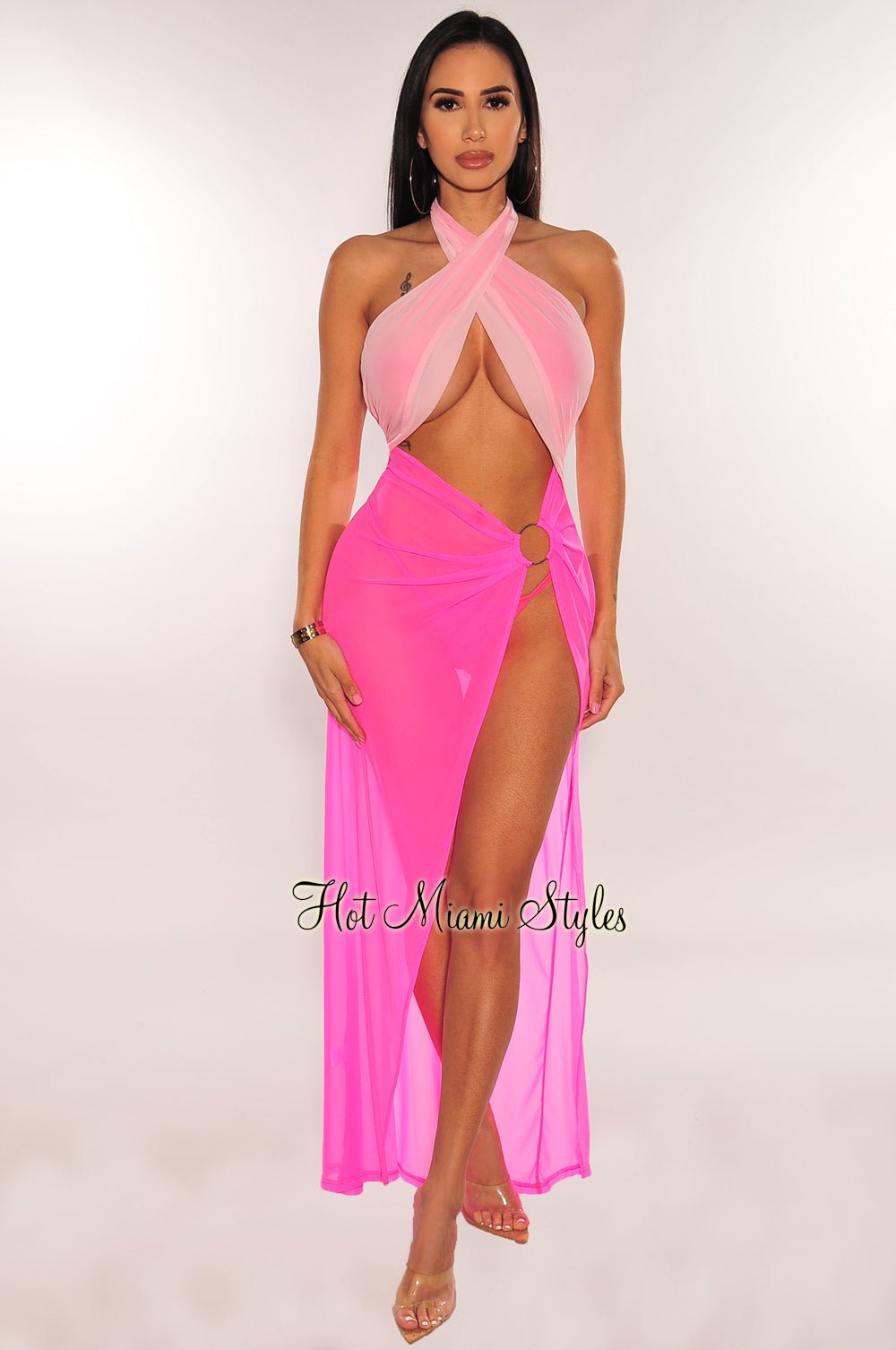 Pink Two Toned Criss Cross Halter O-Ring Mesh Slit Dress