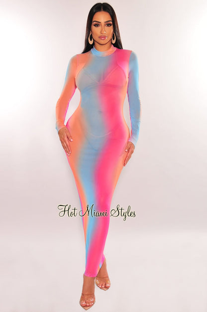 Rainbow Swirl Sheer Mesh Long Sleeve Cover Up Dress