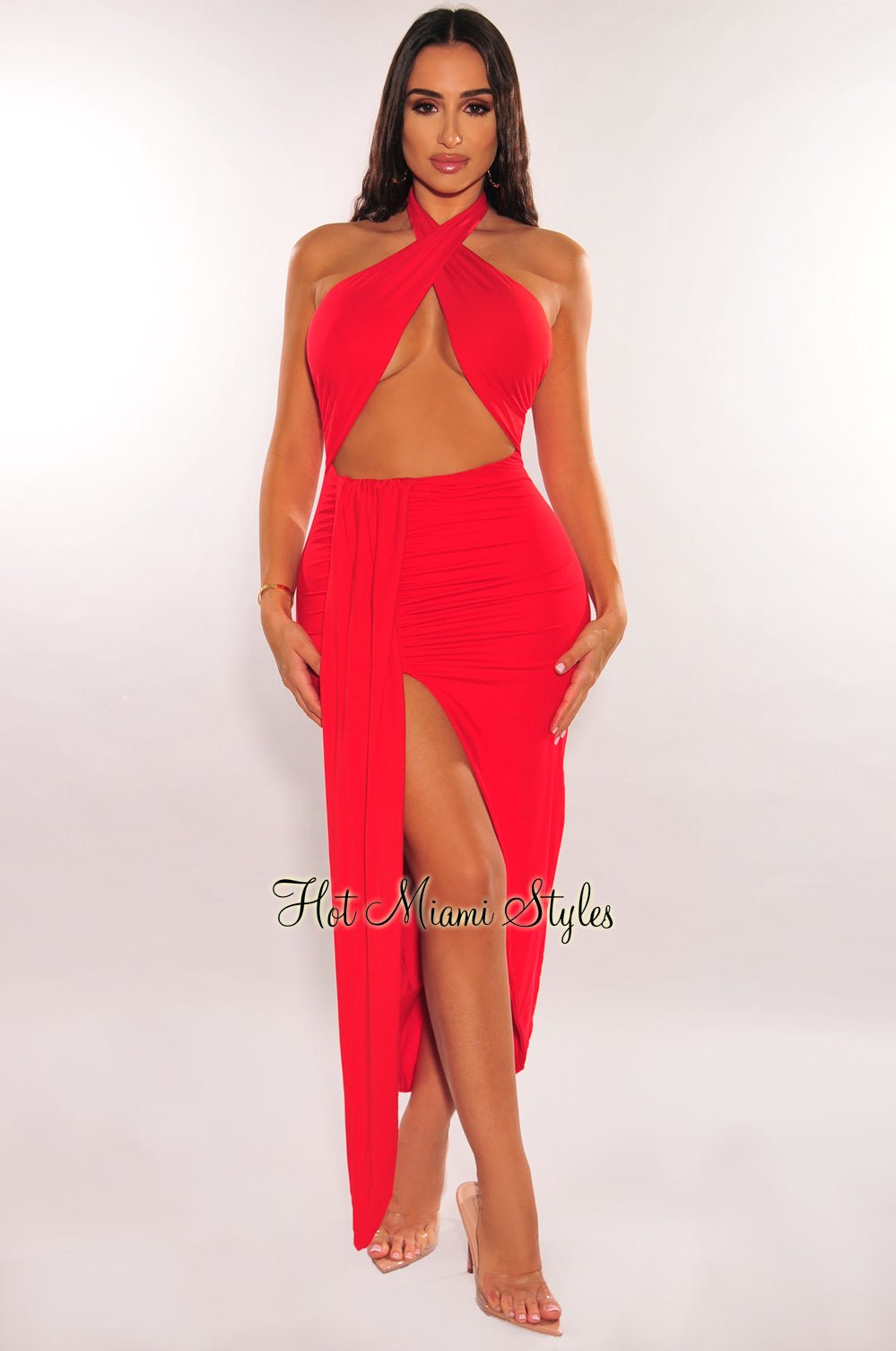 Red Halter Crisscross Cut Out Drape Ruched Slit Dress