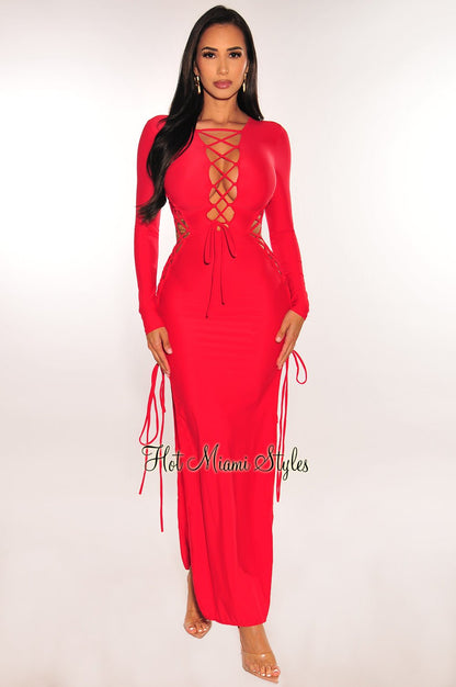 Red Lace Up Cut Out Double Slit Long Sleeve Dress