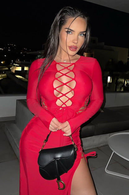 Red Lace Up Cut Out Double Slit Long Sleeve Dress