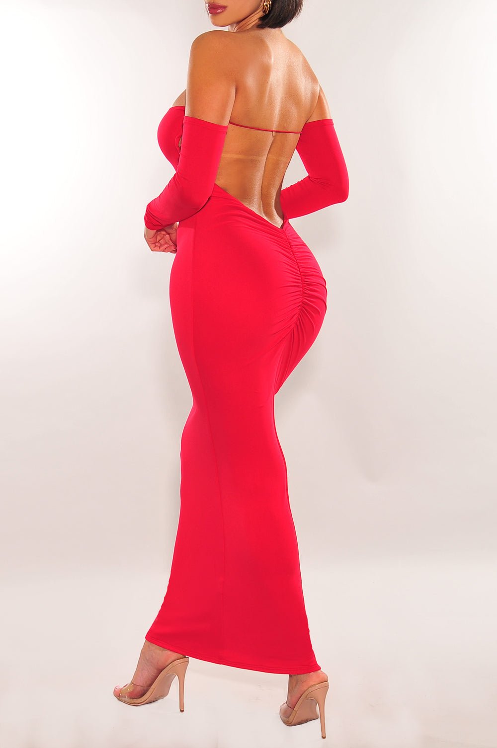 Red Off Shoulder Long Sleeve Scrunch Butt Open Back Midi Dress