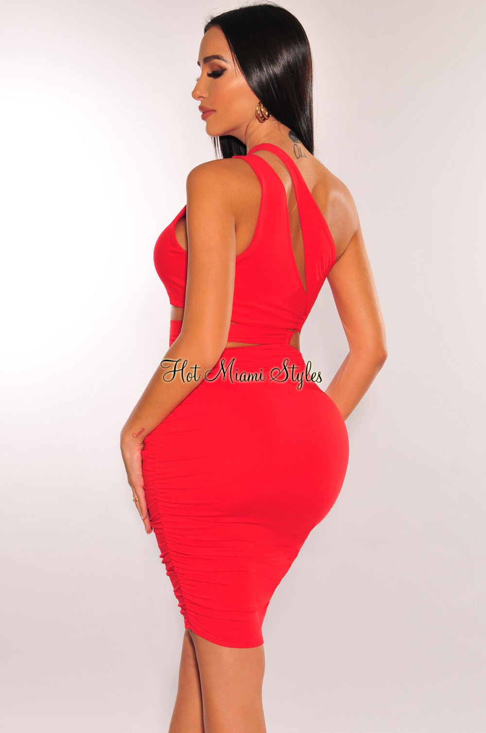 Red One Shoulder Cut Out Strap Drawstring Ruched Mini Dress